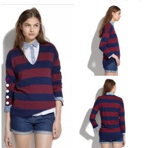 MADEWELL Deckhouse Red & Blue Striped V-Neck Pullover Cotton Sweater Women M